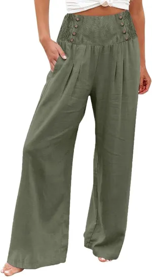 Womens Cotton Linen Summer Boho Pants Low Waist Stretchy Straight Slim-Fit Pant Trousers Business Work