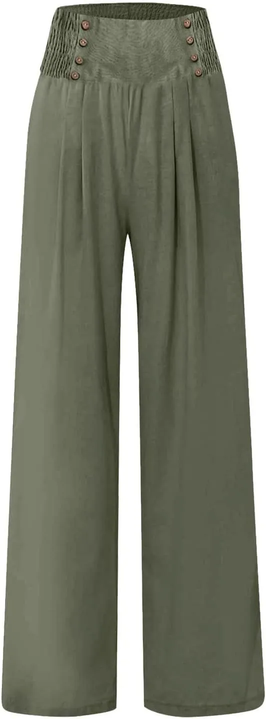 Womens Cotton Linen Summer Boho Pants Low Waist Stretchy Straight Slim-Fit Pant Trousers Business Work