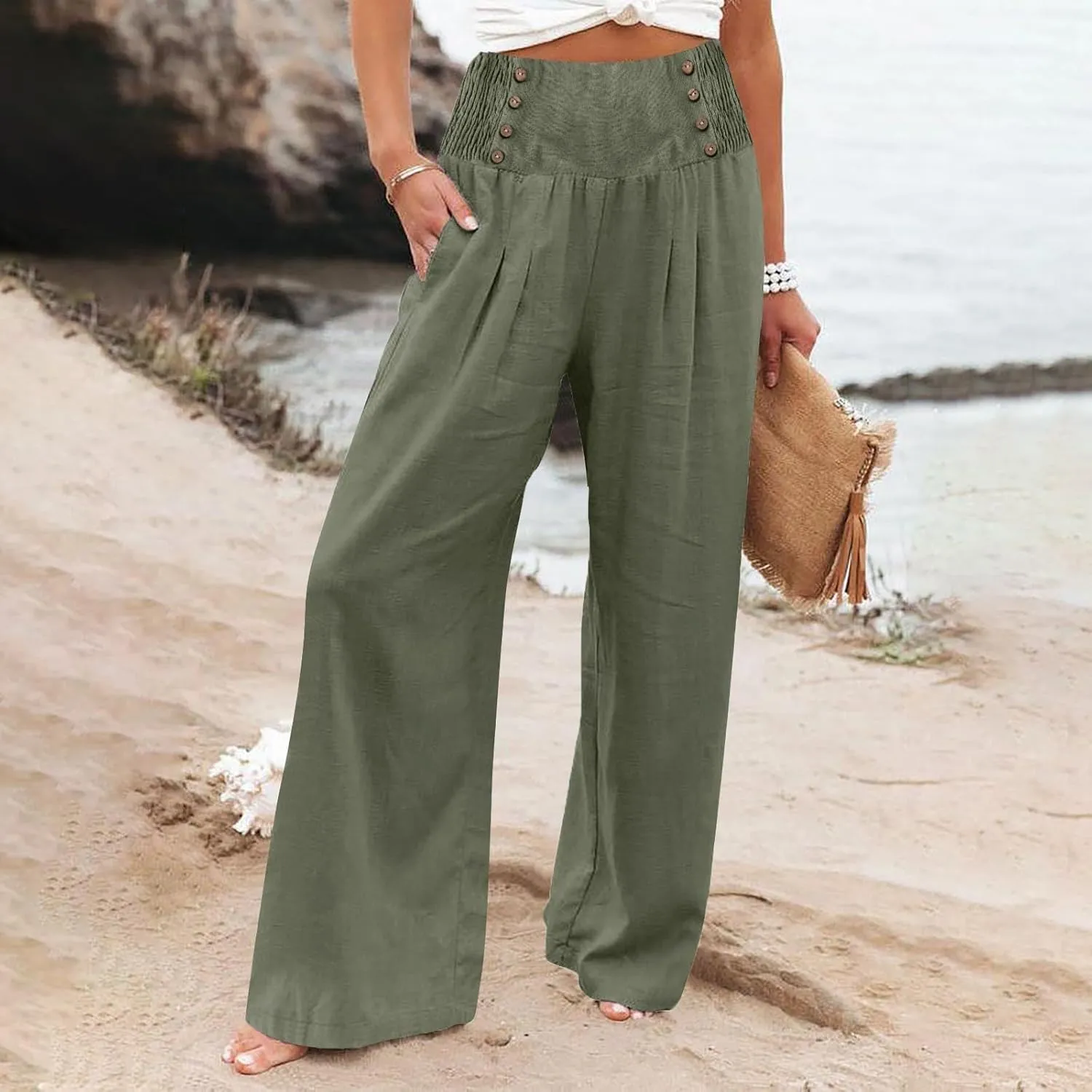 Womens Cotton Linen Summer Boho Pants Low Waist Stretchy Straight Slim-Fit Pant Trousers Business Work