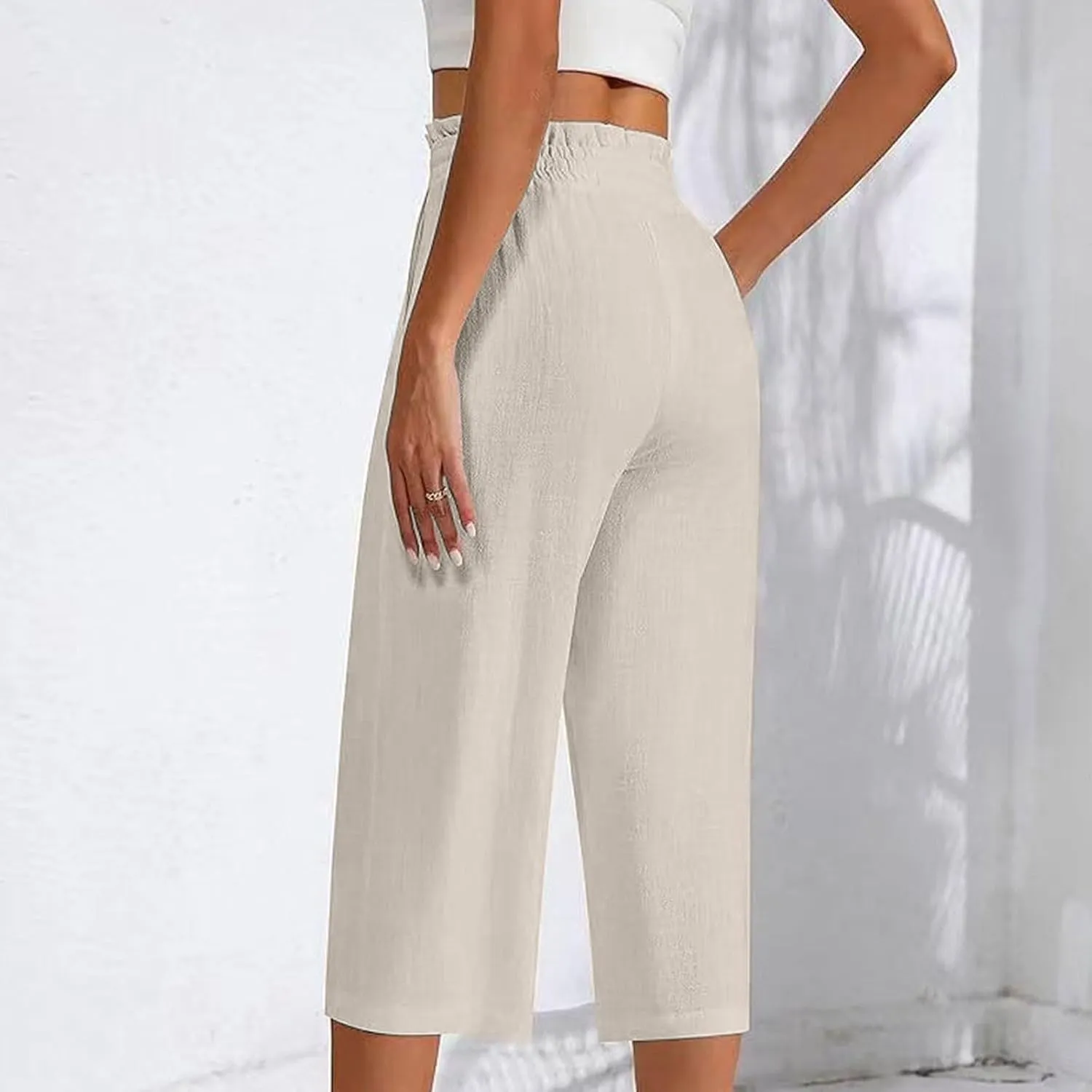 Women's Cotton Linen Summer Flowy Palazzo Pants Elastic Waisted Lounge Pants Slim Fit Palazzo Lounge Pants Vacation