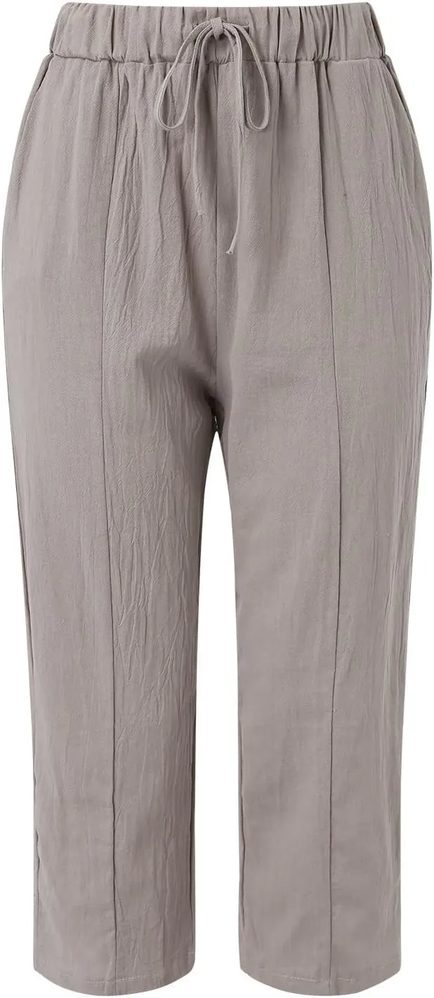 Womens Cotton Linen Summer Solid Palazzo Pants High Waist Lounge Pants Plus Size Pant Trousers Travel