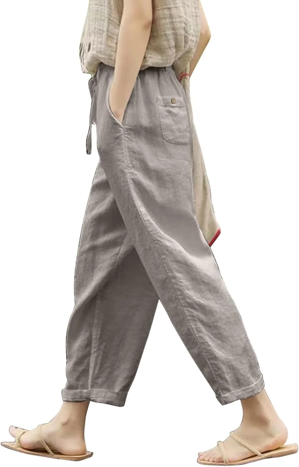 Womens Cotton Linen Summer Solid Palazzo Pants High Waist Lounge Pants Plus Size Pant Trousers Travel