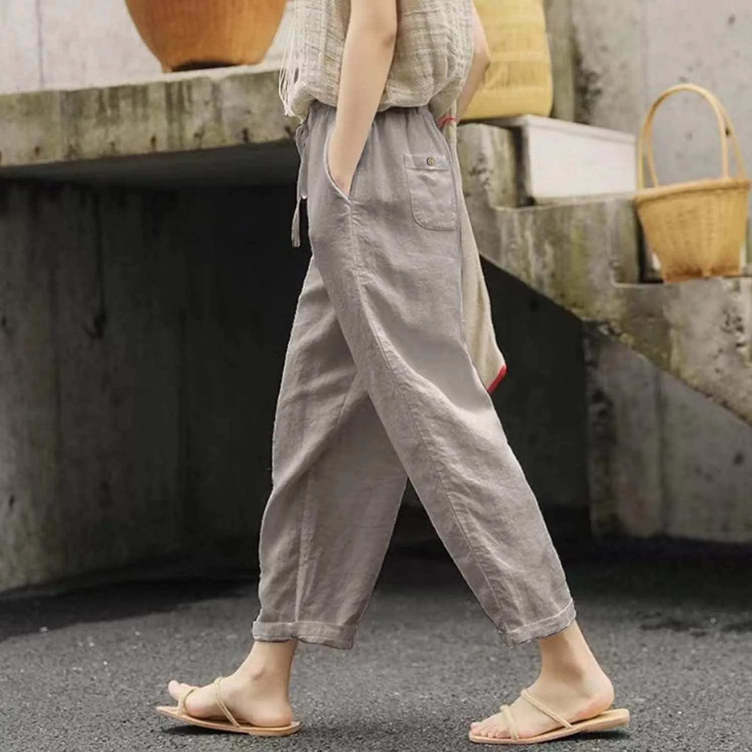 Womens Cotton Linen Summer Solid Palazzo Pants High Waist Lounge Pants Plus Size Pant Trousers Travel