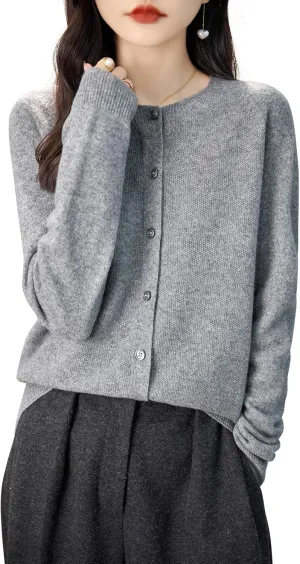 Women's Crewneck 100% Merino Wool Sweater 2025 Spring Fall Solid Long Sleeve Seamless Knitted Cardigan Sweater