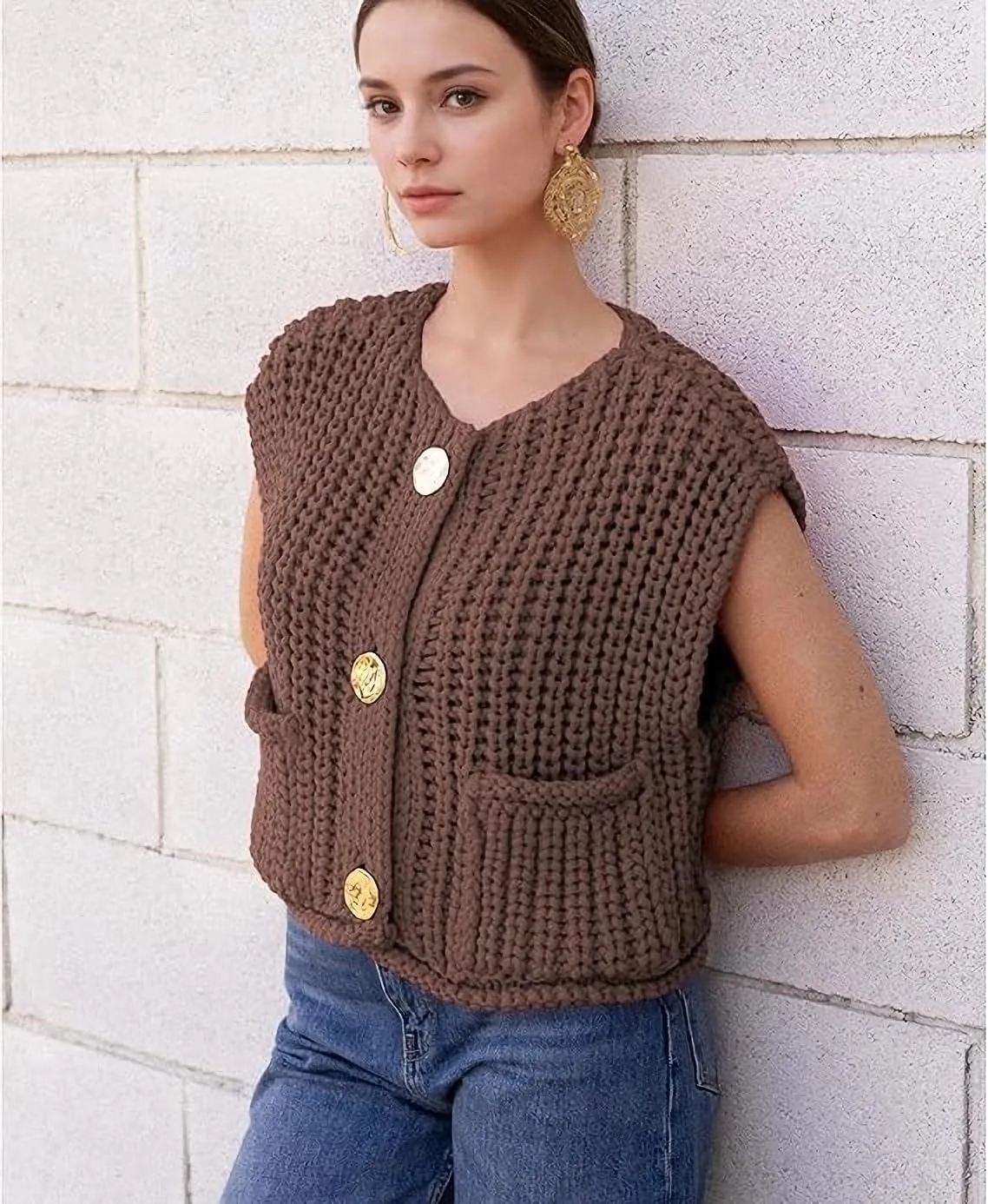 Womens Crochet Chunky Knit Top Sleeveless Button Down Crop Tops Trendy Cardigan Sweater Vest for Women with Pockets