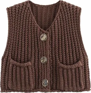 Womens Crochet Chunky Knit Top Sleeveless Button Down Crop Tops Trendy Cardigan Sweater Vest for Women with Pockets