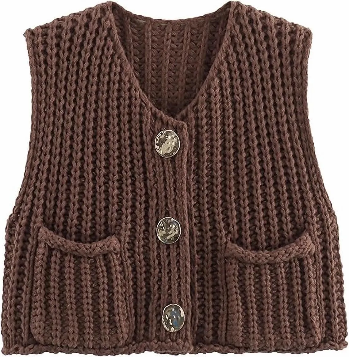 Womens Crochet Chunky Knit Top Sleeveless Button Down Crop Tops Trendy Cardigan Sweater Vest for Women with Pockets
