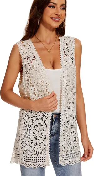 Women's Crochet Floral Boho Lace Trim Sleeveless Kimono Open Front Vest Cardigan