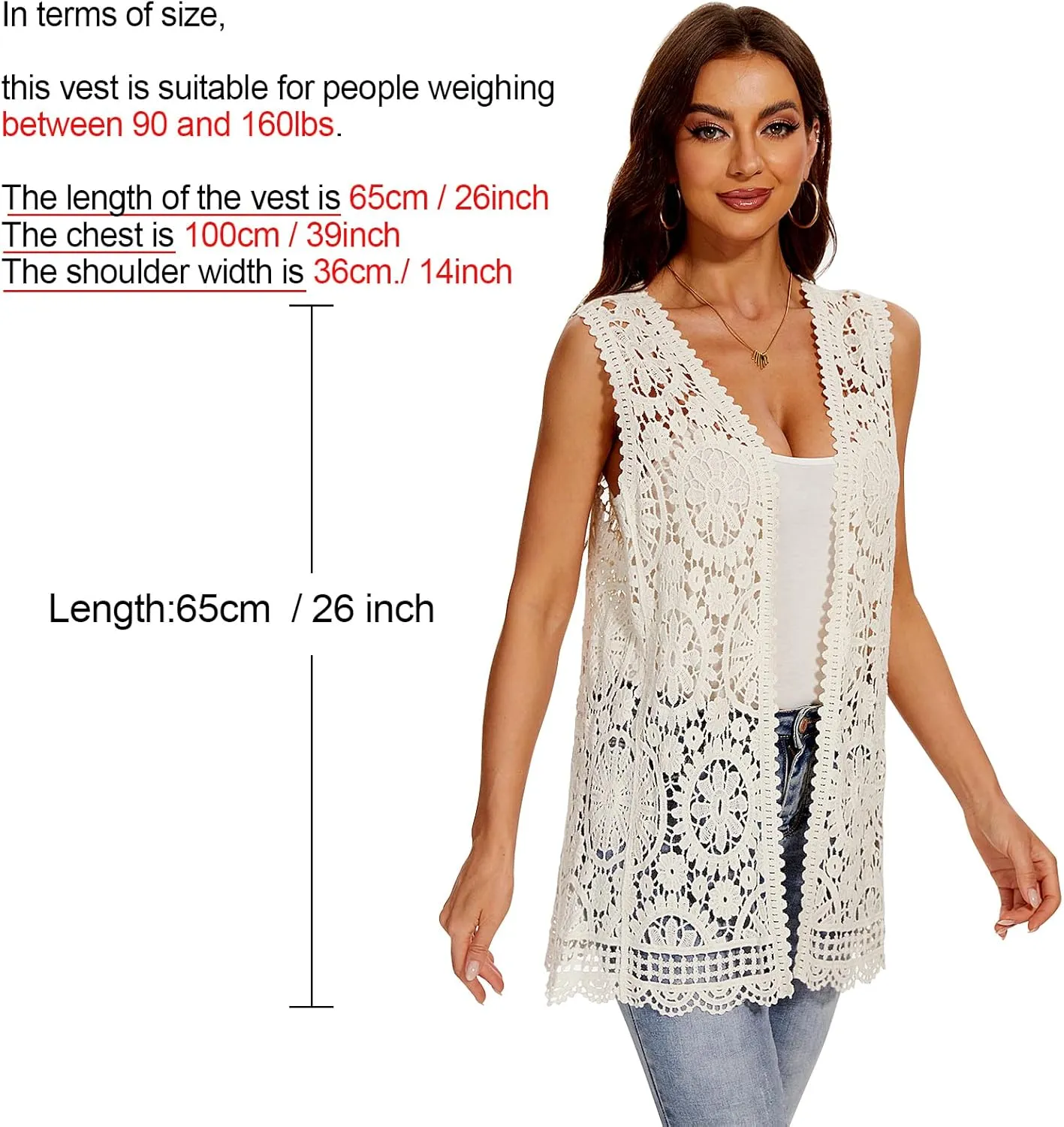 Women's Crochet Floral Boho Lace Trim Sleeveless Kimono Open Front Vest Cardigan