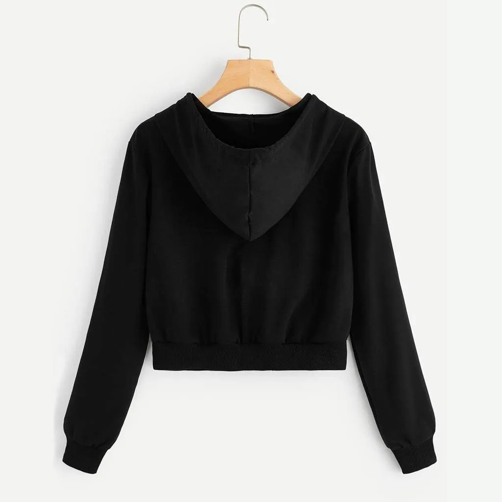 Women's Cropped Hoodie Long Sleeve Plain Lightweight Zip Up Hooded Sweatshirts Outwear Teens Tops with Pockets