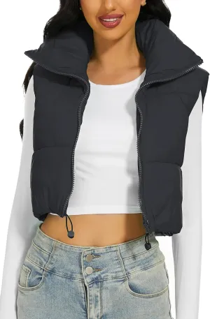 Womens Cropped Puffer Vest Stand Collar Zip Up Lightweight Winter Puffy Jacket Vests Outerwear