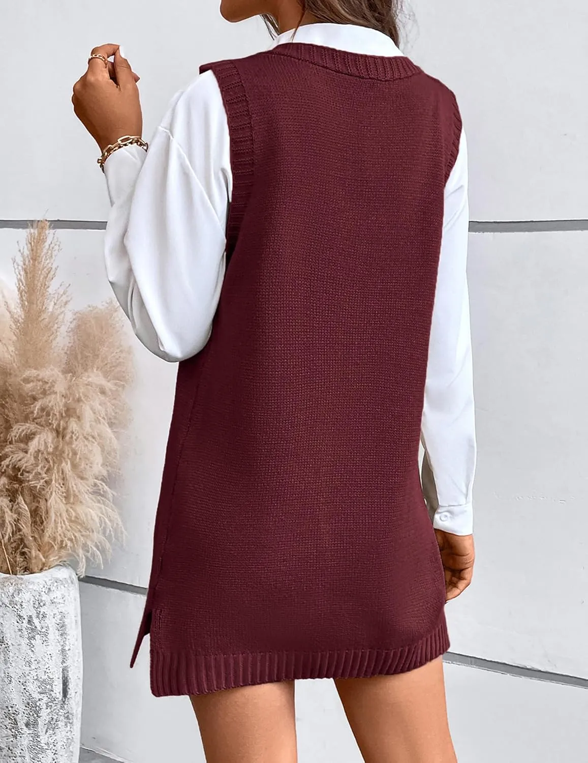 Womens Cute Lightweight V Neck Long Sweater Vest Dress Spring 2025 Trendy Ribbed Knit Side Slit Tunic Pullover Top