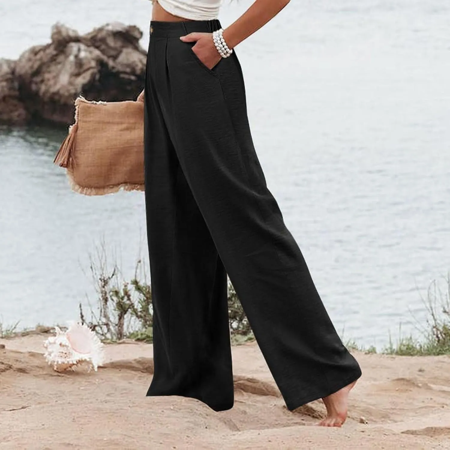 Women's Dress Pants Cotton Linen Wide Leg Pants with Pockets Button Down Office Pleated Business Casual Work Trousers