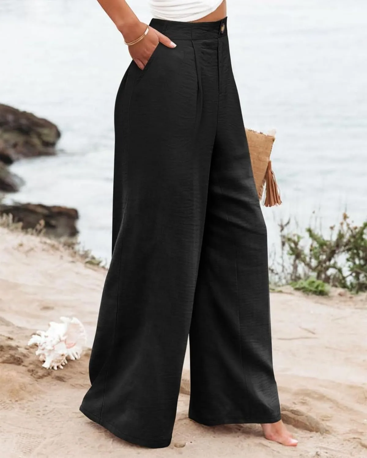 Women's Dress Pants Cotton Linen Wide Leg Pants with Pockets Button Down Office Pleated Business Casual Work Trousers