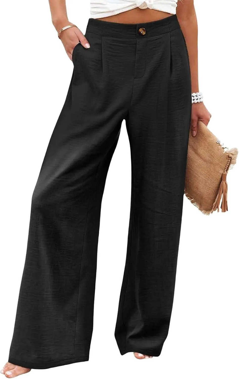 Women's Dress Pants Cotton Linen Wide Leg Pants with Pockets Button Down Office Pleated Business Casual Work Trousers