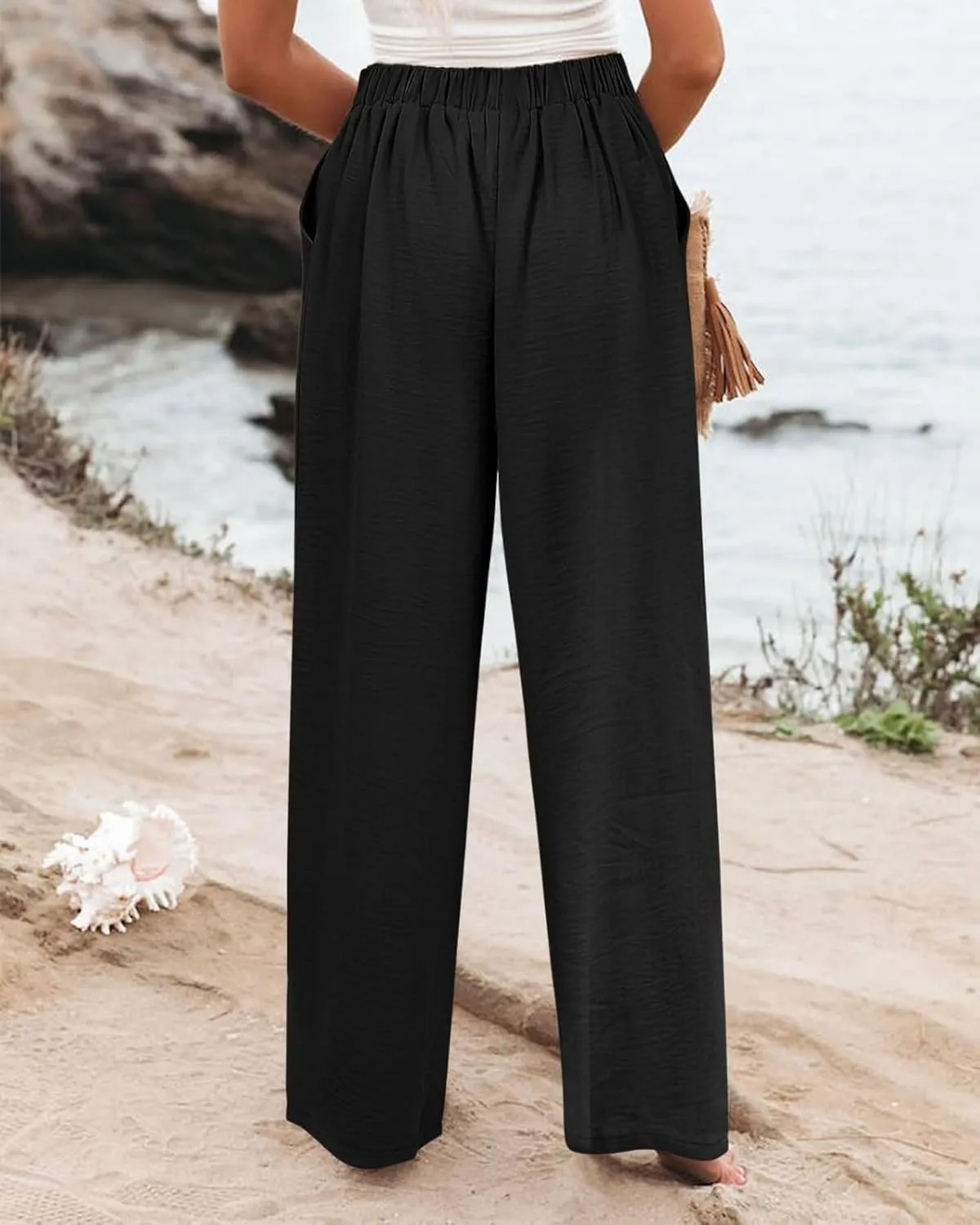 Women's Dress Pants Cotton Linen Wide Leg Pants with Pockets Button Down Office Pleated Business Casual Work Trousers
