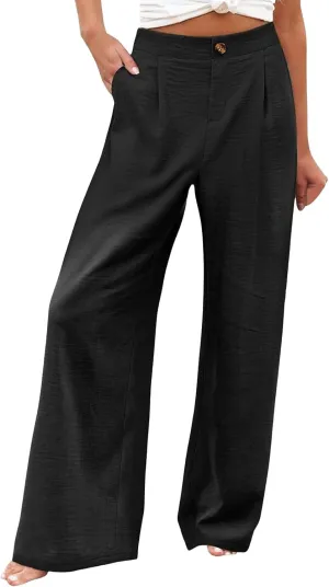 Women's Dress Pants Cotton Linen Wide Leg Pants with Pockets Button Down Office Pleated Business Casual Work Trousers