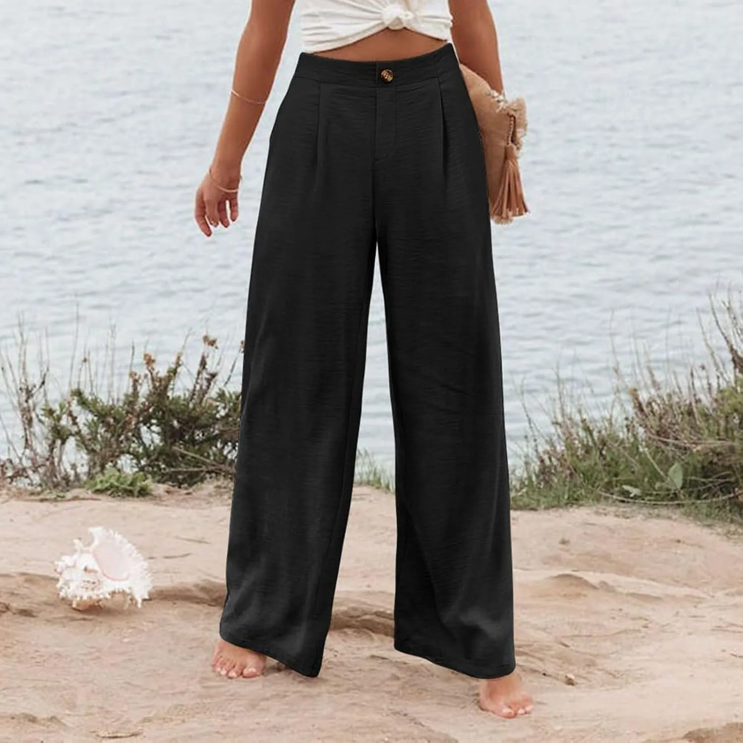 Women's Dress Pants Cotton Linen Wide Leg Pants with Pockets Button Down Office Pleated Business Casual Work Trousers