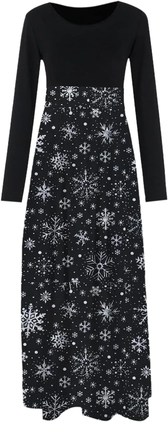 Women's Dresses Christmas Printed Long Sleeve Round Neck Long Maxi Dress Casual Fashion High Waist Jumper Dress