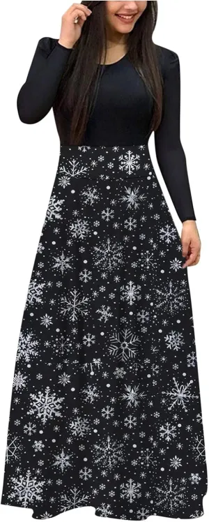 Women's Dresses Christmas Printed Long Sleeve Round Neck Long Maxi Dress Casual Fashion High Waist Jumper Dress