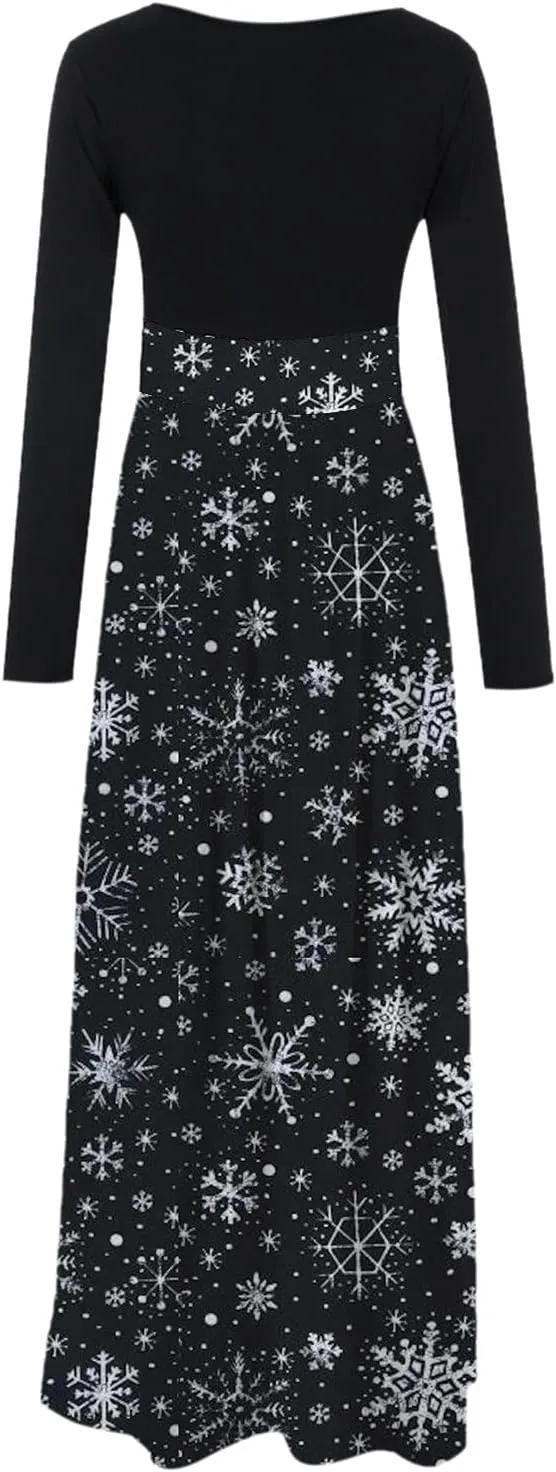 Women's Dresses Christmas Printed Long Sleeve Round Neck Long Maxi Dress Casual Fashion High Waist Jumper Dress