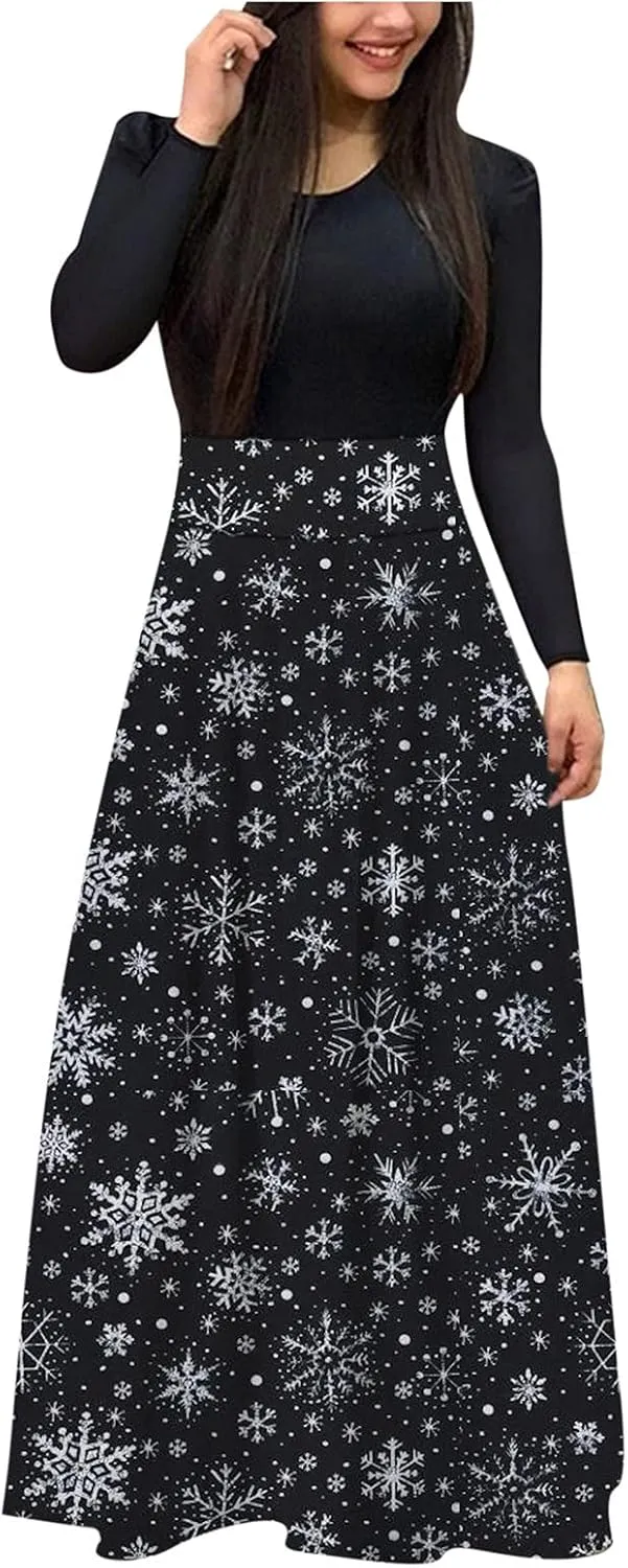 Women's Dresses Christmas Printed Long Sleeve Round Neck Long Maxi Dress Casual Fashion High Waist Jumper Dress