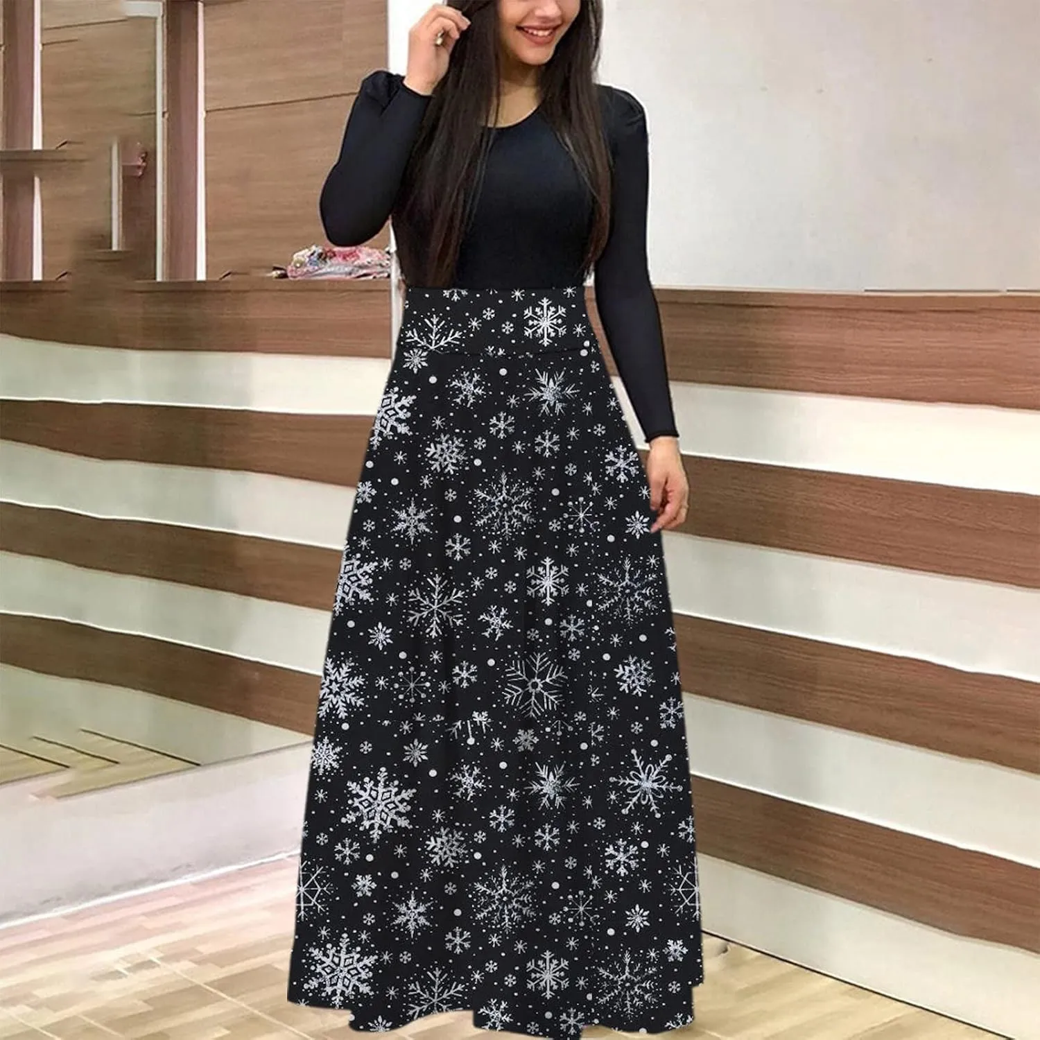 Women's Dresses Christmas Printed Long Sleeve Round Neck Long Maxi Dress Casual Fashion High Waist Jumper Dress
