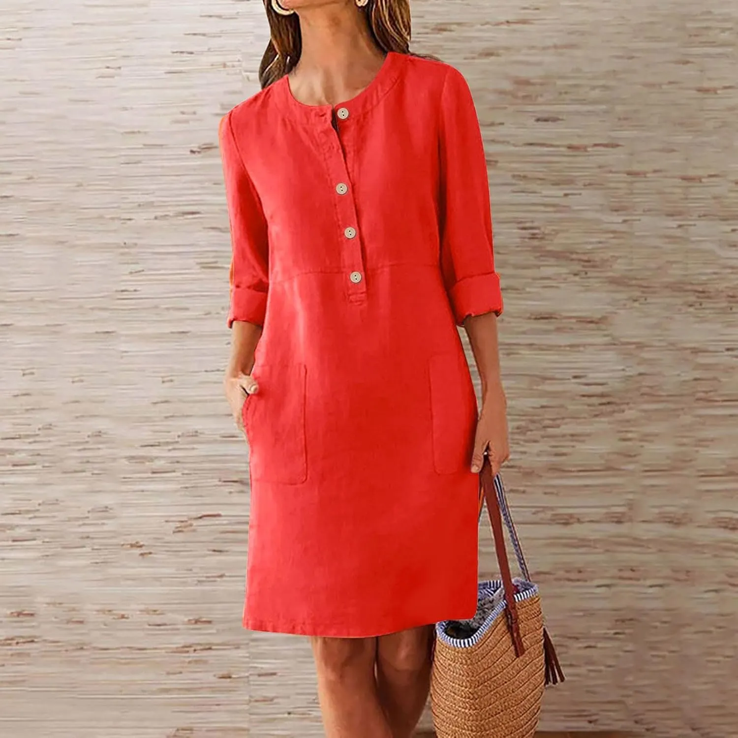 Women's Dresses Summer 2024 Dresses Casual Loose Solid Color Round Neck Short Sleeve Button Dresses, S-5XL