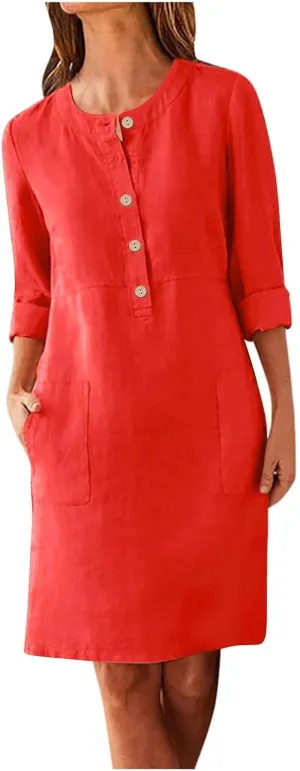 Women's Dresses Summer 2024 Dresses Casual Loose Solid Color Round Neck Short Sleeve Button Dresses, S-5XL