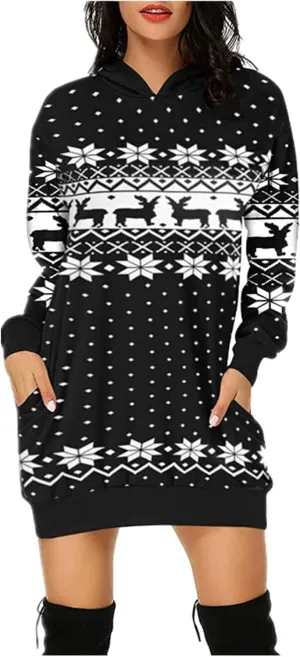 Women's Fashion Hoodie Dress Fall Casual Long Sleeve Christmas Print Loose Lightweight Sweatshirt Dress Plus Size