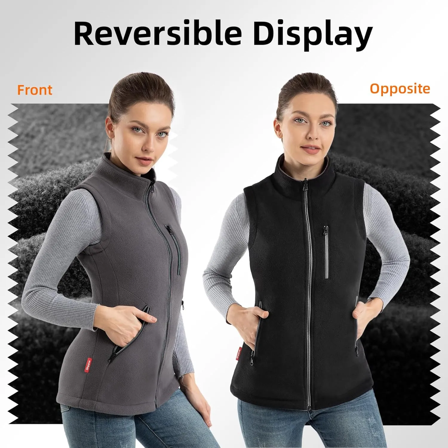Women's Fleece Vest, Reversible Polar Fleece Vest, Lightweight Vest with Zipper Pockets for Running Hiking Golf