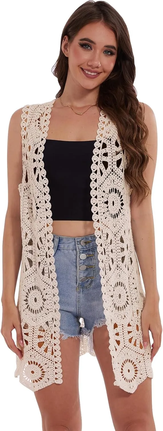 Womens Floral Crochet Lace Boho Trim Sleeveless Open Front Vest Cardigan