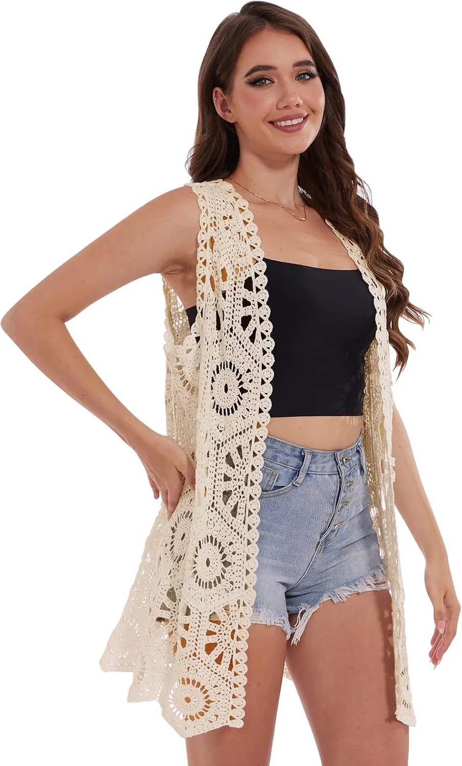 Womens Floral Crochet Lace Boho Trim Sleeveless Open Front Vest Cardigan