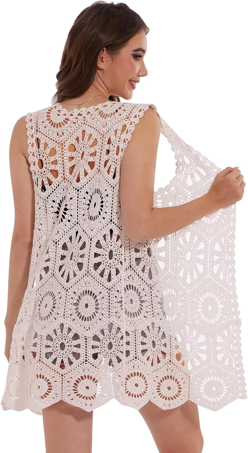 Womens Floral Crochet Lace Boho Trim Sleeveless Open Front Vest Cardigan