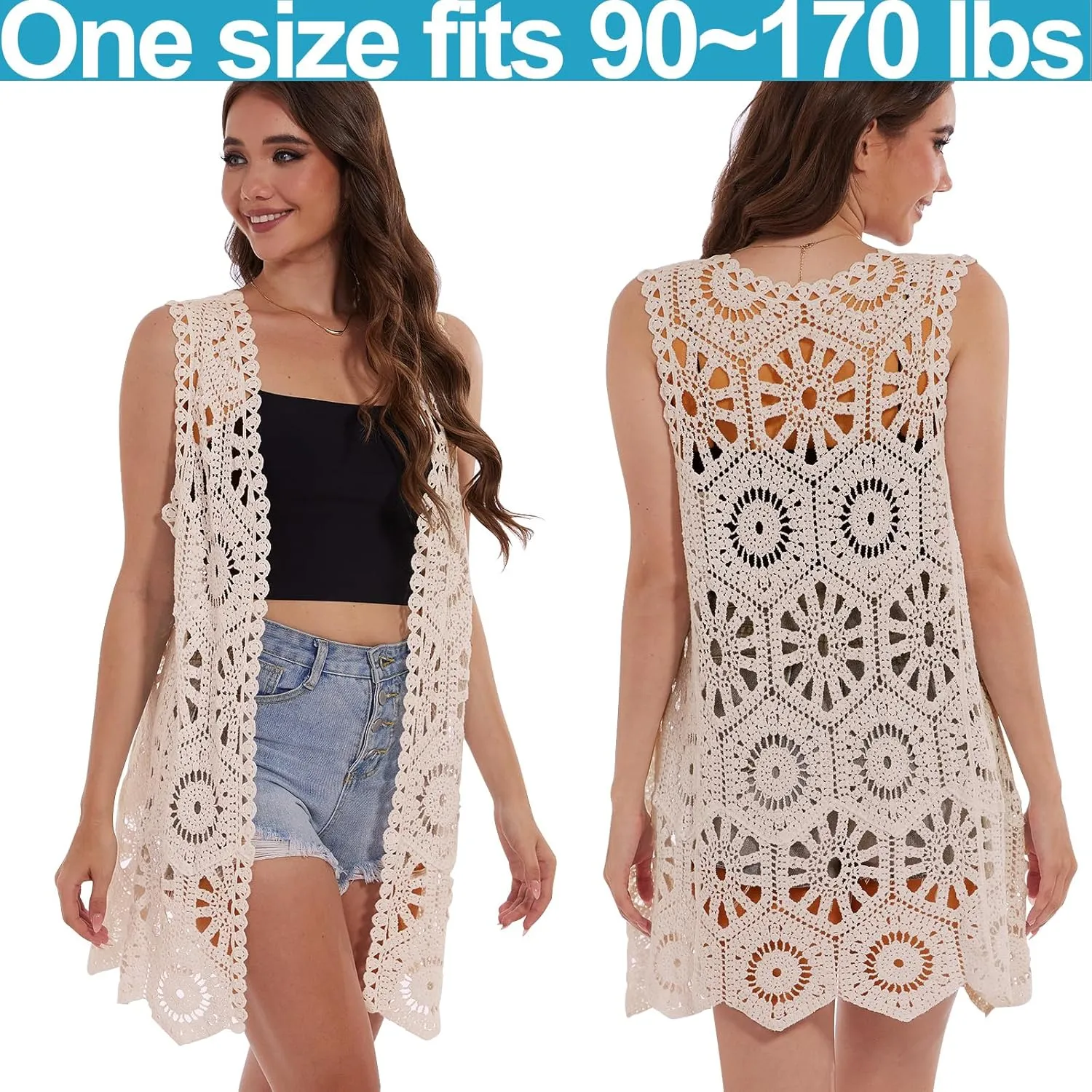 Womens Floral Crochet Lace Boho Trim Sleeveless Open Front Vest Cardigan