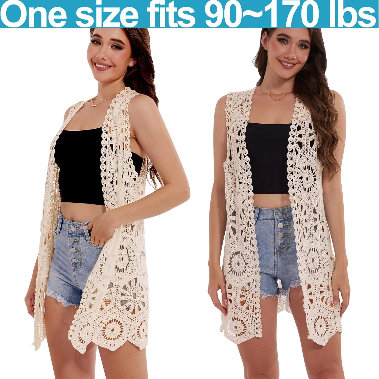 Womens Floral Crochet Lace Boho Trim Sleeveless Open Front Vest Cardigan