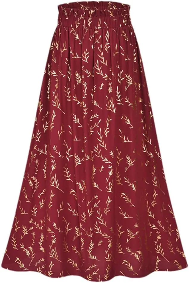 Women's Floral Pleated Midi Skirt Elastic High Waist Side Pocket A Line Flowy Long Maxi Skirt