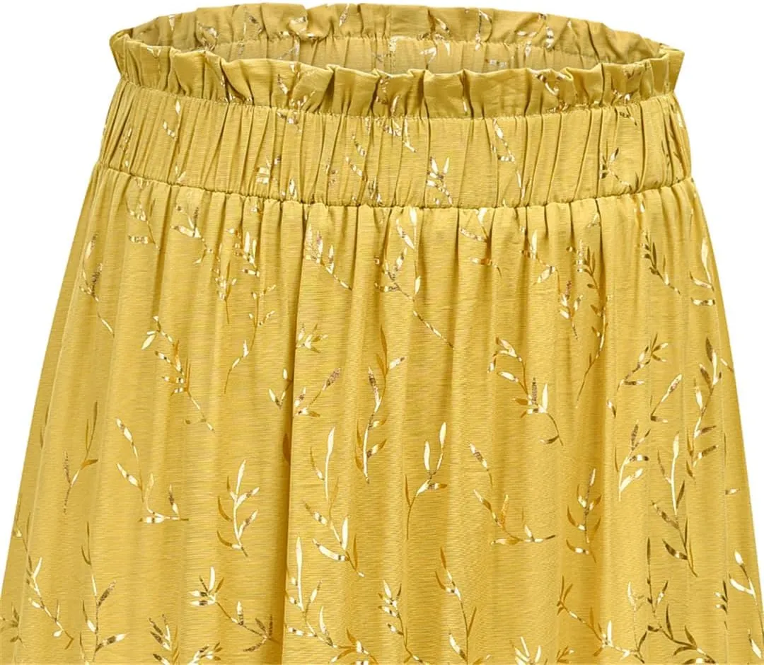 Women's Floral Pleated Midi Skirt Elastic High Waist Side Pocket A Line Flowy Long Maxi Skirt