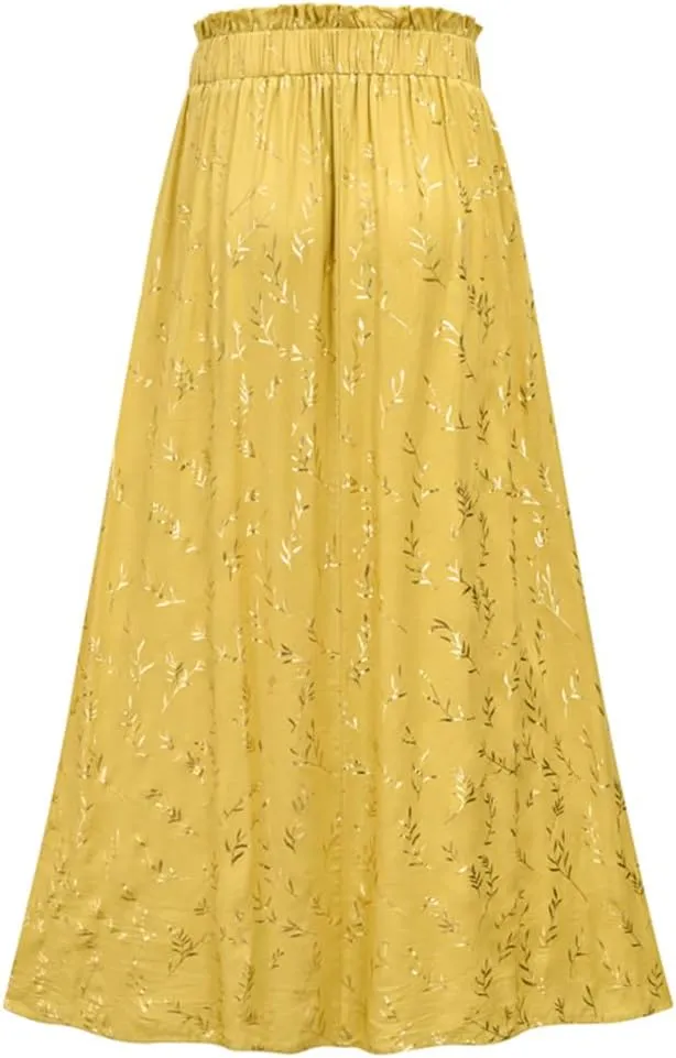 Women's Floral Pleated Midi Skirt Elastic High Waist Side Pocket A Line Flowy Long Maxi Skirt