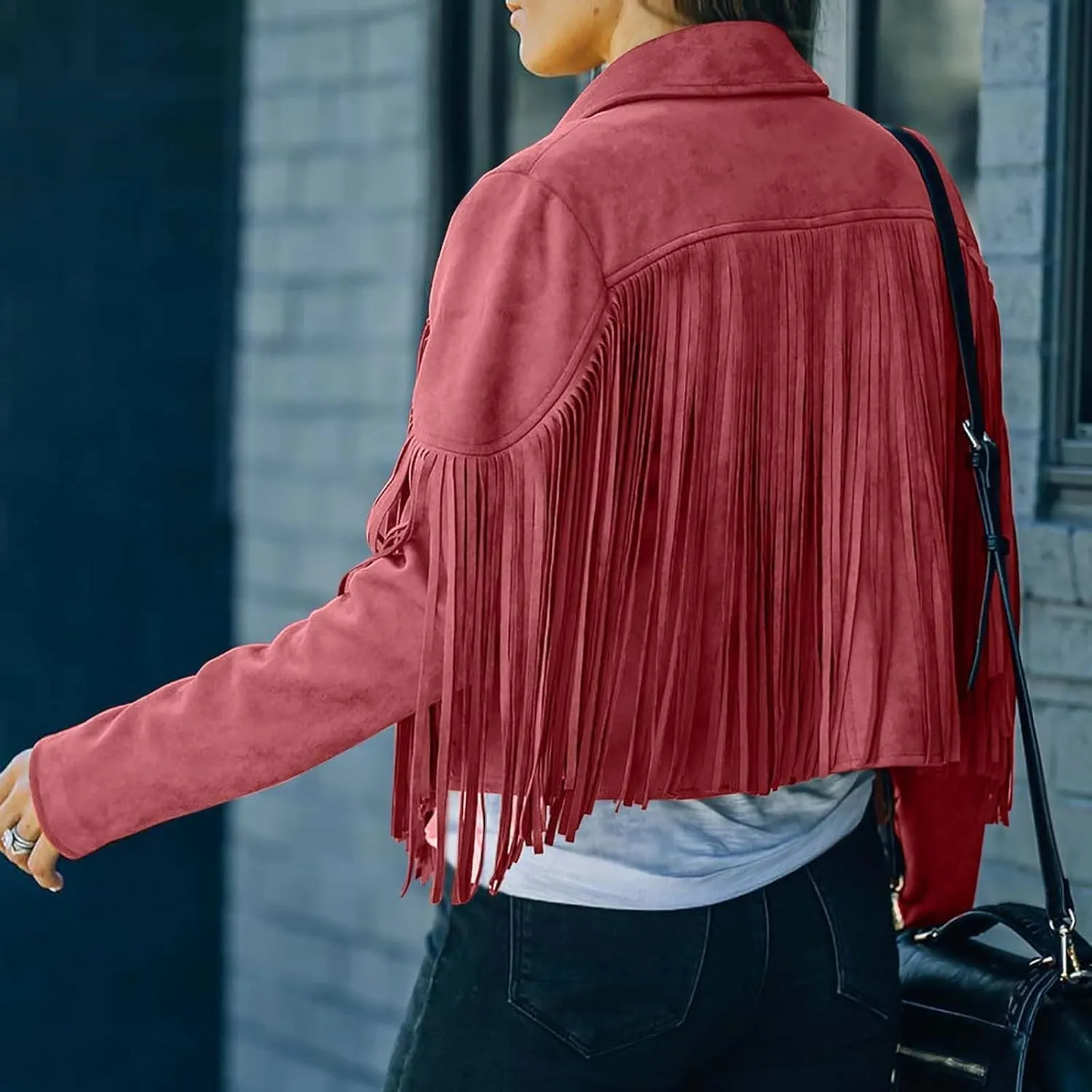 Women's Fringe Faux Suede Leather Jackets Fashion Tassel Cropped Coats Fringe Cropped Jacket Tassel Suede Moto Jacket