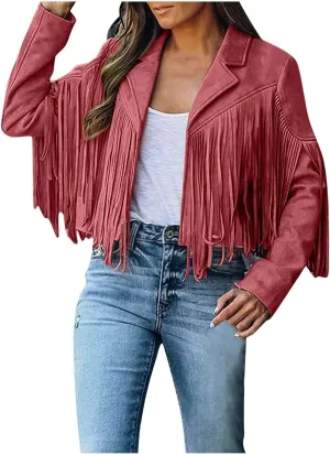 Women's Fringe Faux Suede Leather Jackets Fashion Tassel Cropped Coats Fringe Cropped Jacket Tassel Suede Moto Jacket