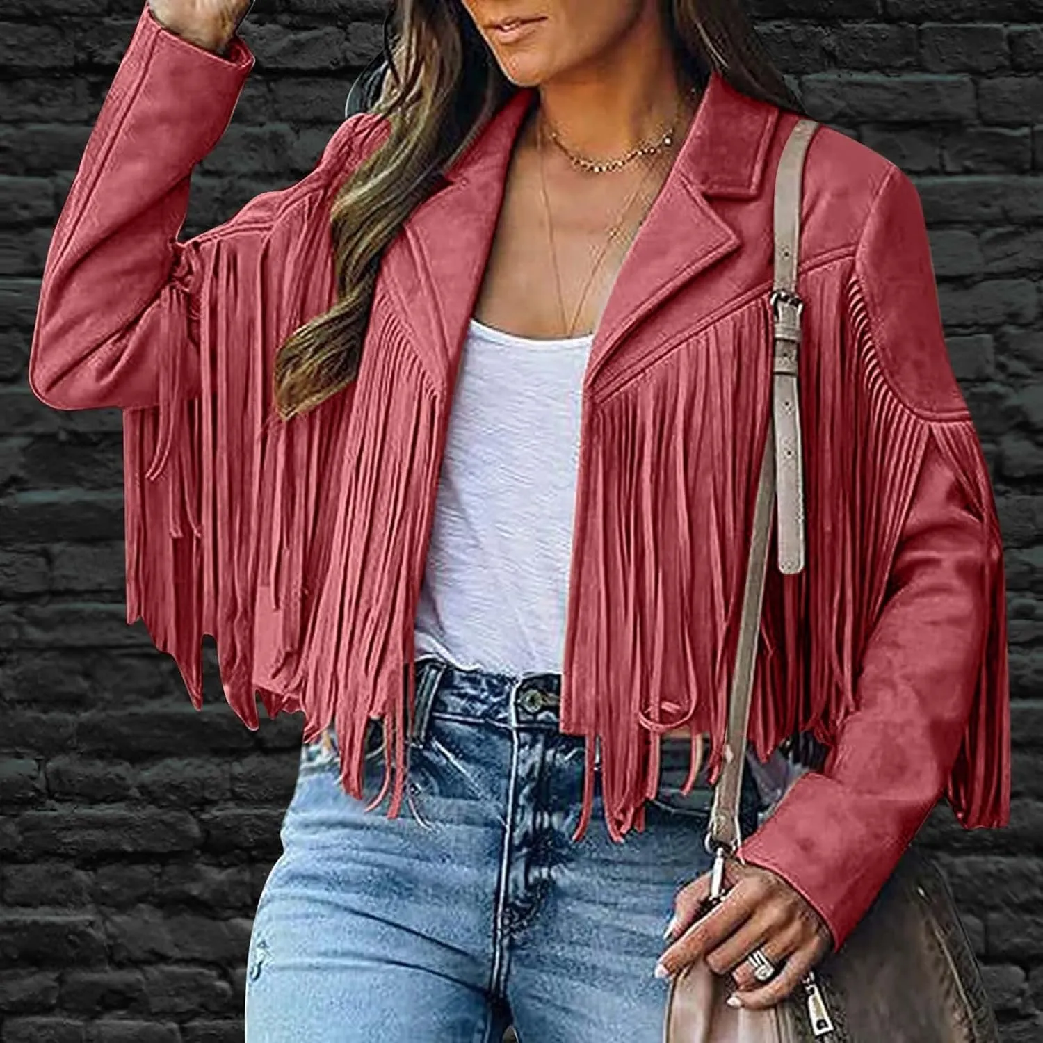 Women's Fringe Faux Suede Leather Jackets Fashion Tassel Cropped Coats Fringe Cropped Jacket Tassel Suede Moto Jacket