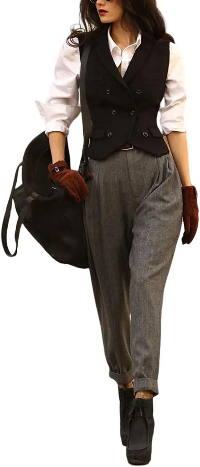 Womens Herringbone Tweed Single Breasted Waistcoat Casual Office Wear Vest Sleeveless Jacket