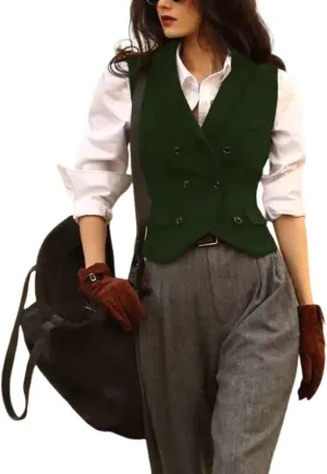 Womens Herringbone Tweed Single Breasted Waistcoat Casual Office Wear Vest Sleeveless Jacket