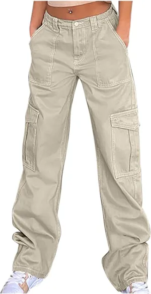 Women's High Waist Baggy Cargo Jeans Fashion Boyfriend Casual Straight Wide Leg Cargo Pants Y2K Trousers with Pockets
