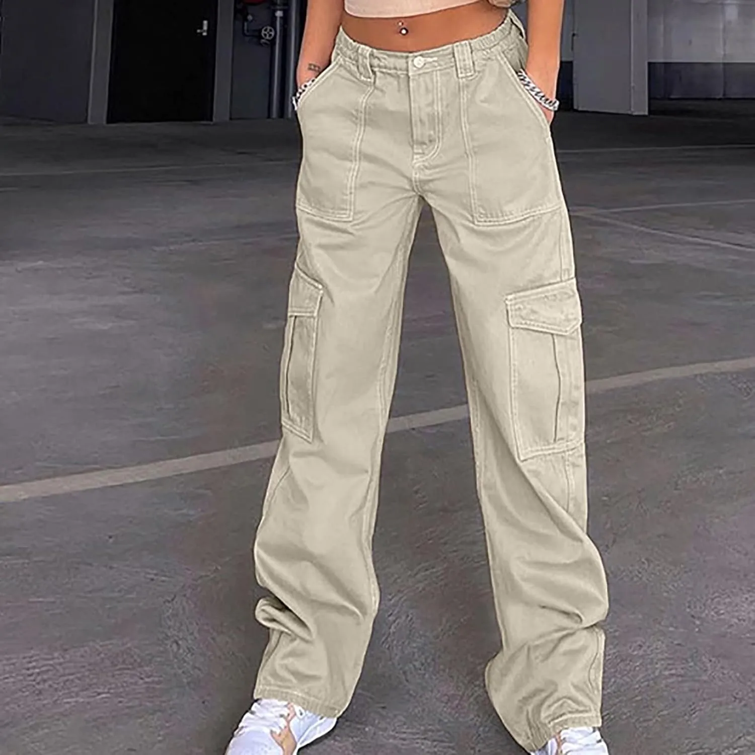 Women's High Waist Baggy Cargo Jeans Fashion Boyfriend Casual Straight Wide Leg Cargo Pants Y2K Trousers with Pockets