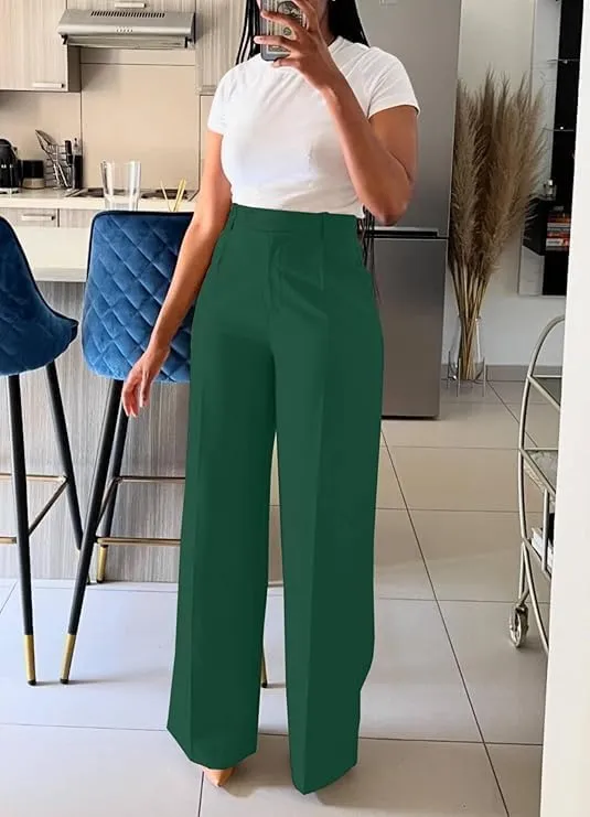 Women's High-Waist Straight Leg Suit Pants Business Work Wide Leg Button-Down Pant Office Elastic Sports Trousers