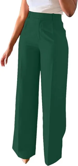 Women's High-Waist Straight Leg Suit Pants Business Work Wide Leg Button-Down Pant Office Elastic Sports Trousers