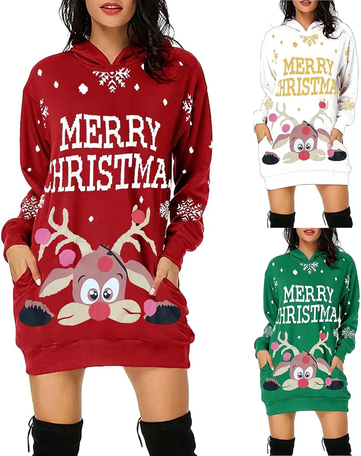 Women's Hoodie Dress Fall Christmas Print Casual Loose Fit Lightweight Oversized Long Sleeve Pullover Dress with Pockets