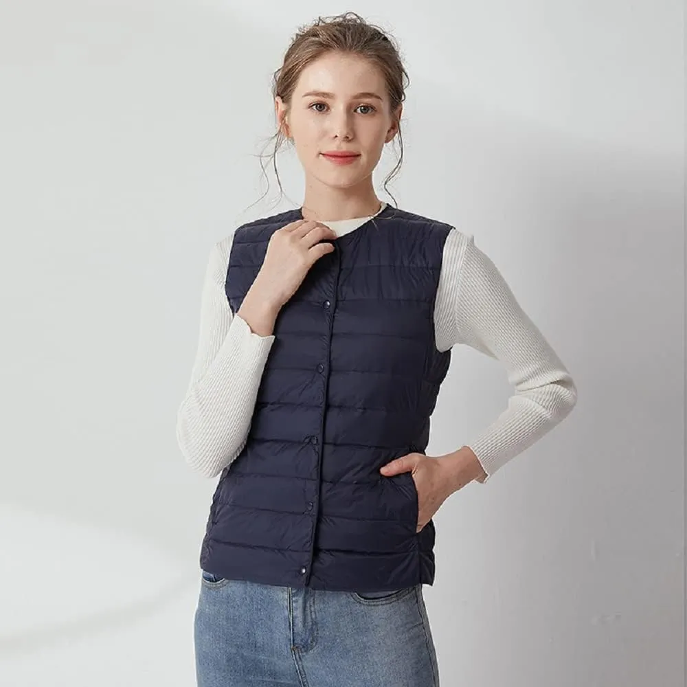 Women's Lightweight Down Vest Crewneck Button Down Packable Puffer Vest Ultra Light Slim Fit Sleeveless Waistcoat